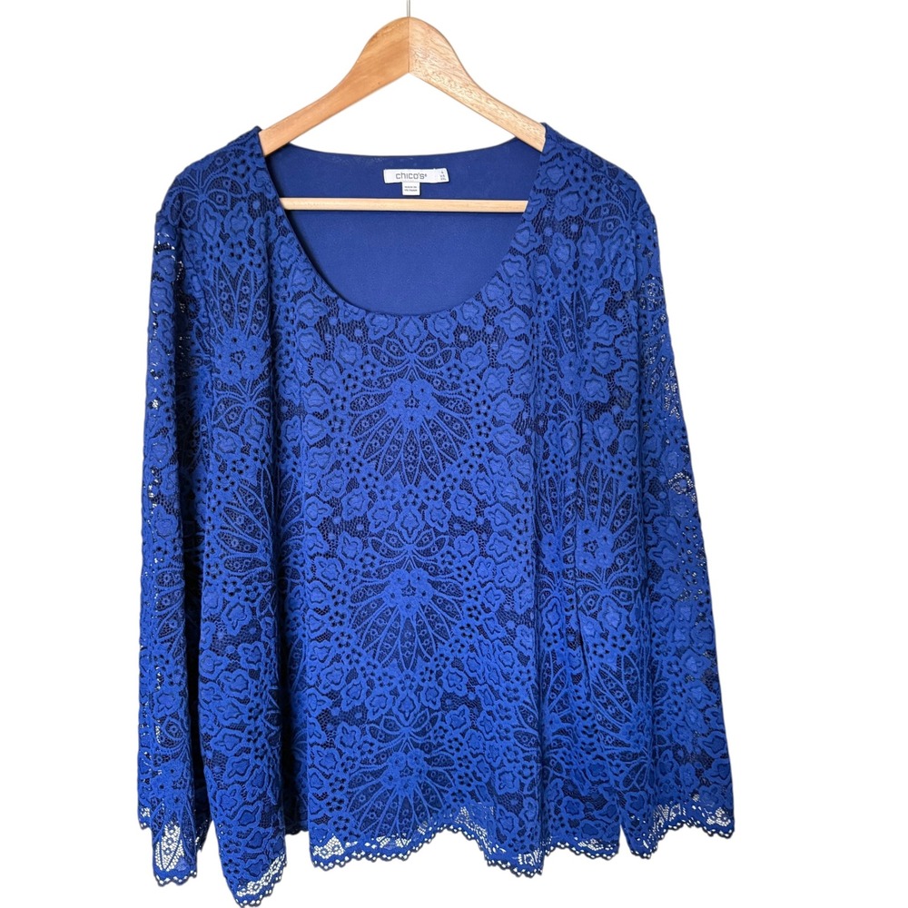 Chico's Lace Blouse Women 4 XXL Blue Excellent Floral Scalloped Long Sleeve